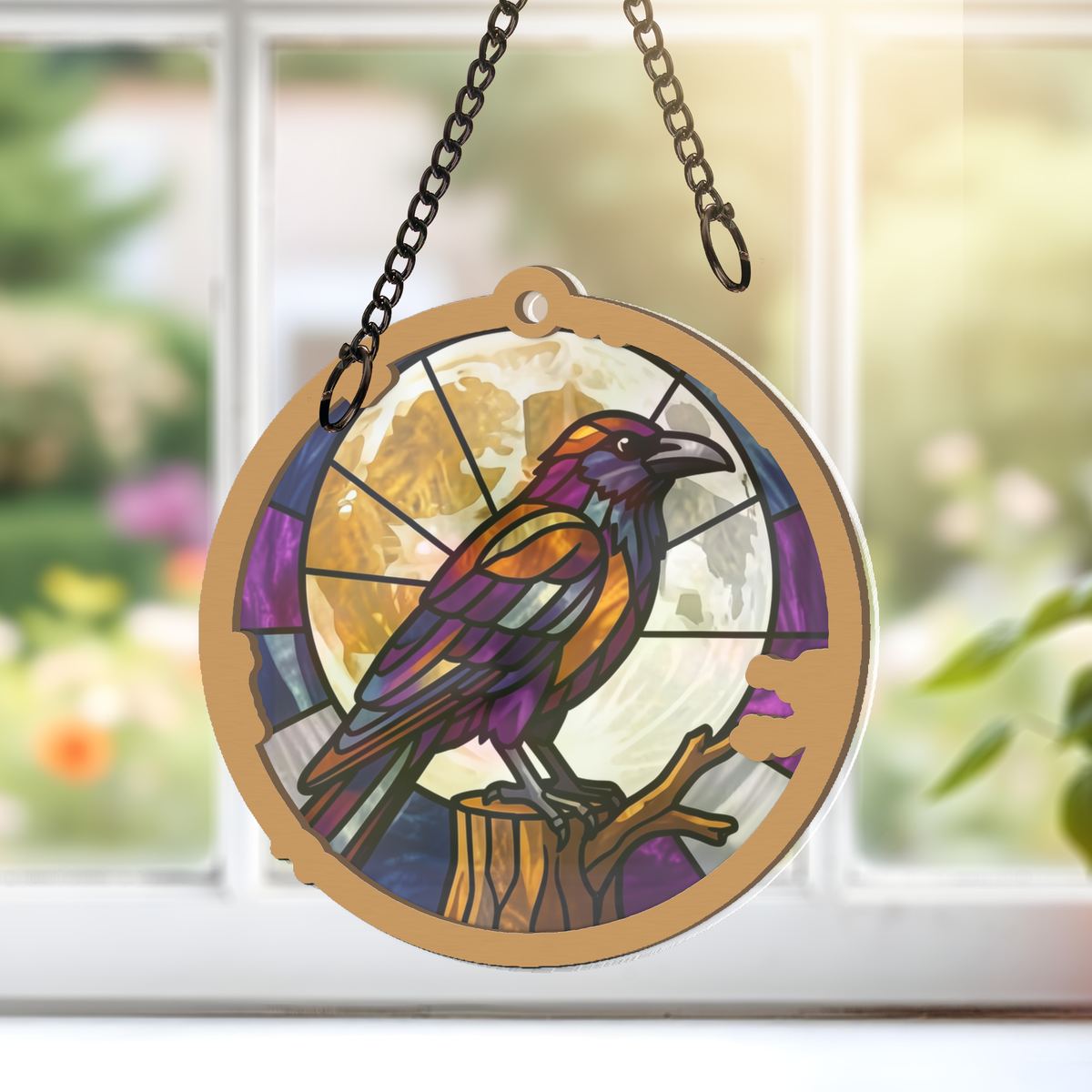 Gothic Raven Moon Circle Window Hanging Suncatcher