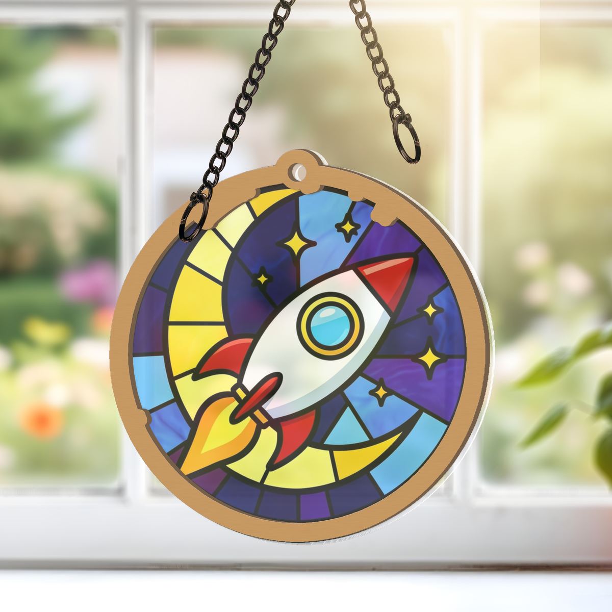 Rocket Ship Stars Circle Window Hanging Suncatcher