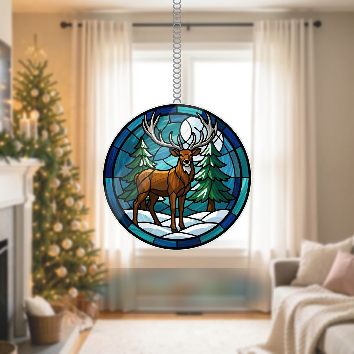 Winter Stag Evergreen Circle Wavy Acrylic Suncatcher Ornament