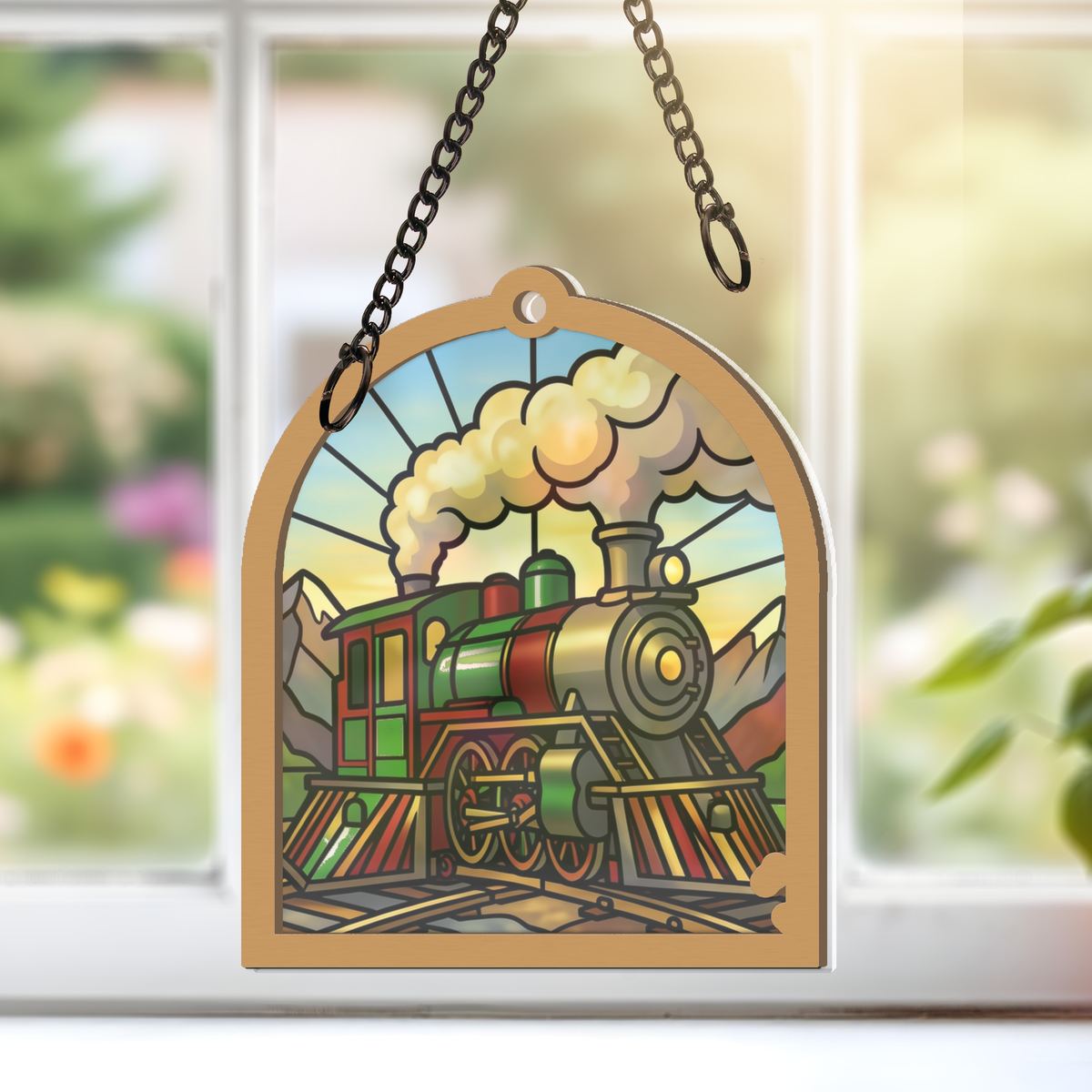 Vintage Steam Train Arch Window Hanging Suncatcher