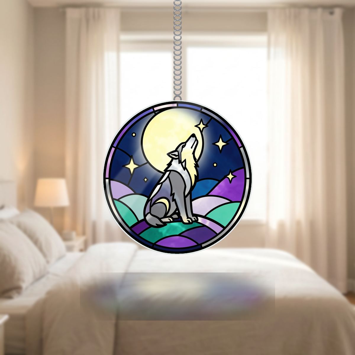 Howling Wolf Moon Circle Wavy Acrylic Suncatcher Ornament