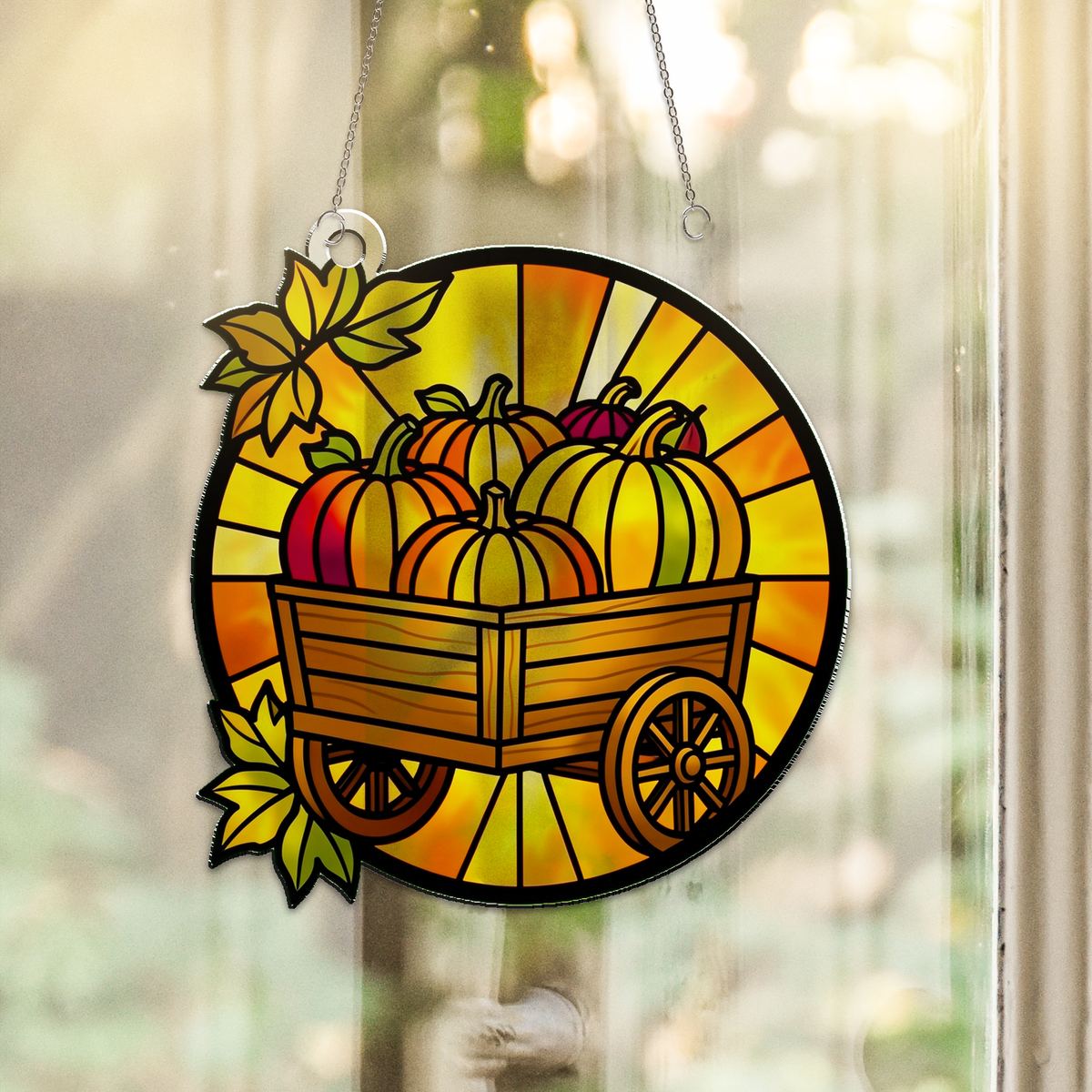 Autumn Pumpkin Cart Circle Acrylic Suncatcher