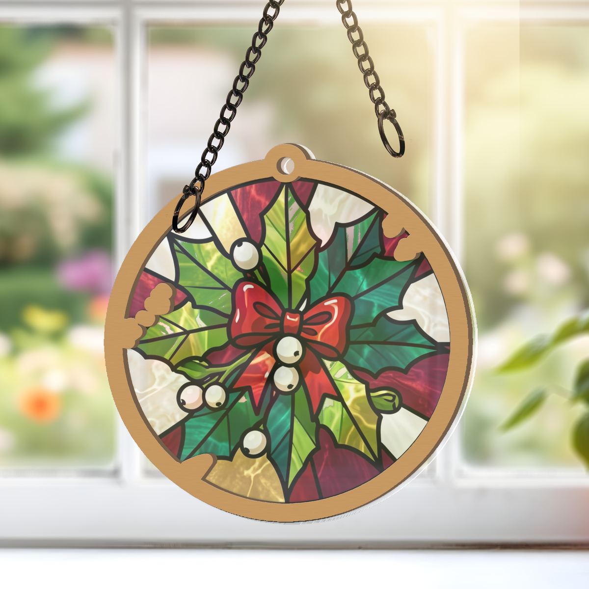 Mistletoe Bow Circle Window Hanging Suncatcher
