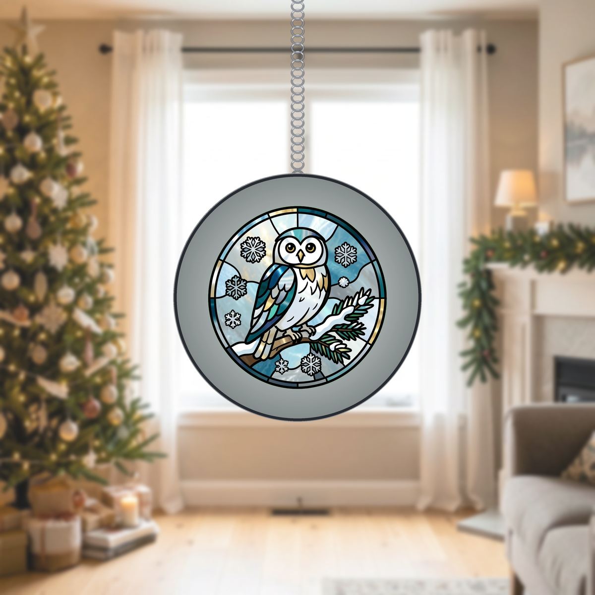 Snowy Owl Pine Circle Stained Glass Suncatcher