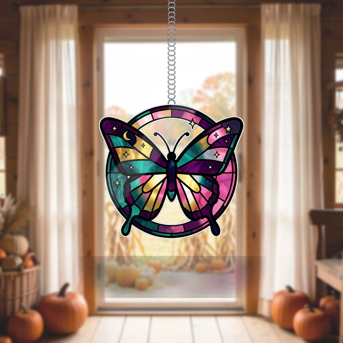 Celestial Butterfly Moon Circle Wavy Acrylic Suncatcher Ornament