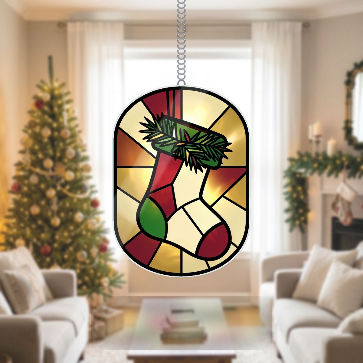 Christmas Stocking Pine Wavy Acrylic Suncatcher Ornament