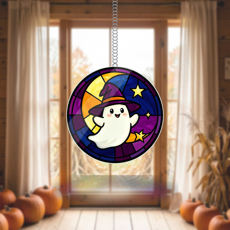 Ghost Witch Hat Moon Acrylic Suncatcher
