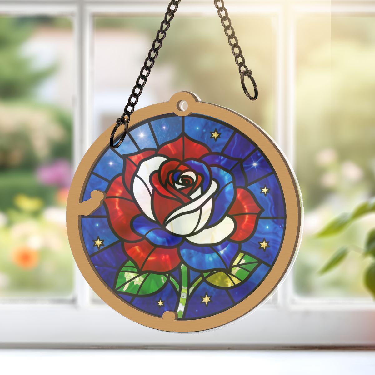 Old Glory Rose Circle Window Hanging Suncatcher