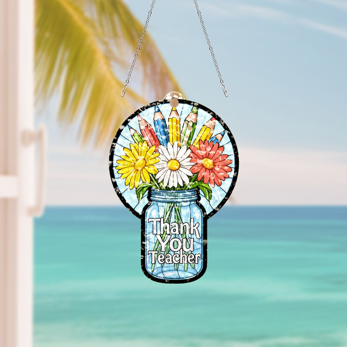 Teacher Flower Jar Circle Water Ripple Suncatcher