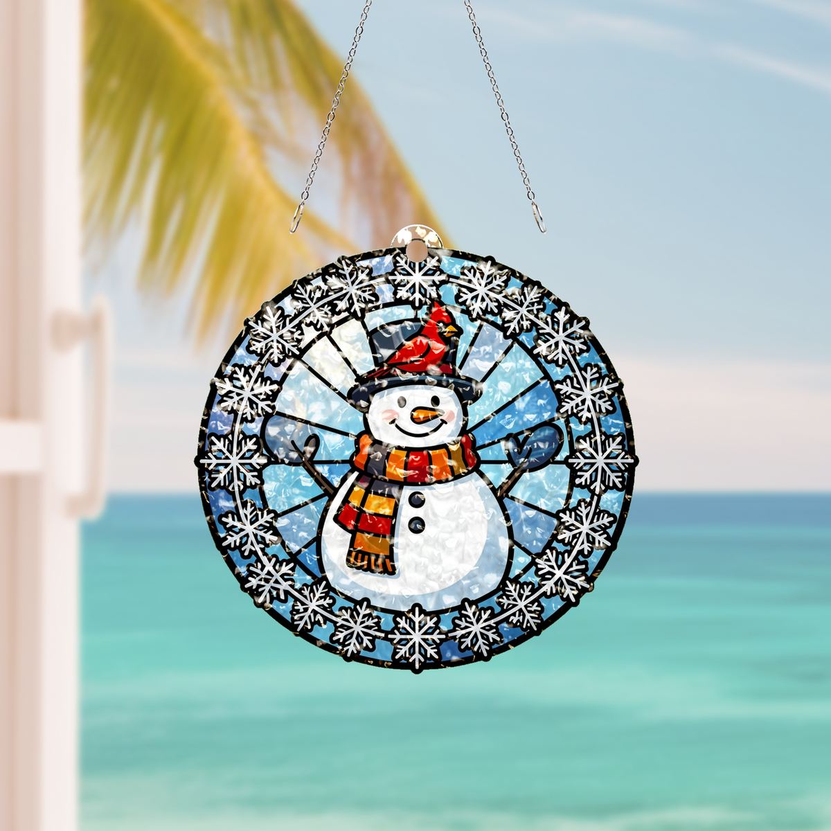 Snowman Cardinal Circle Water Ripple Suncatcher