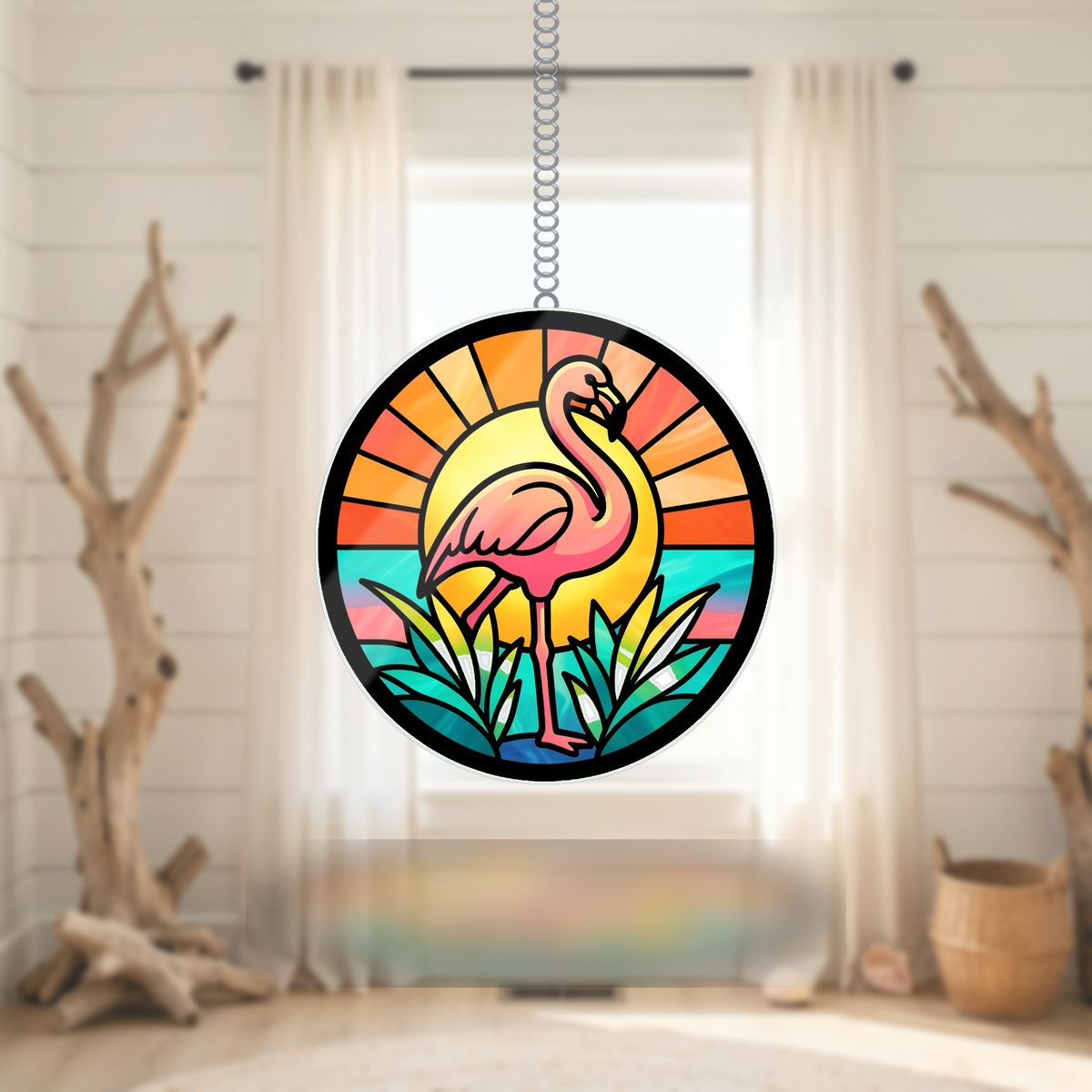 Pink Flamingo Sunset Circle Wavy Acrylic Suncatcher Ornament