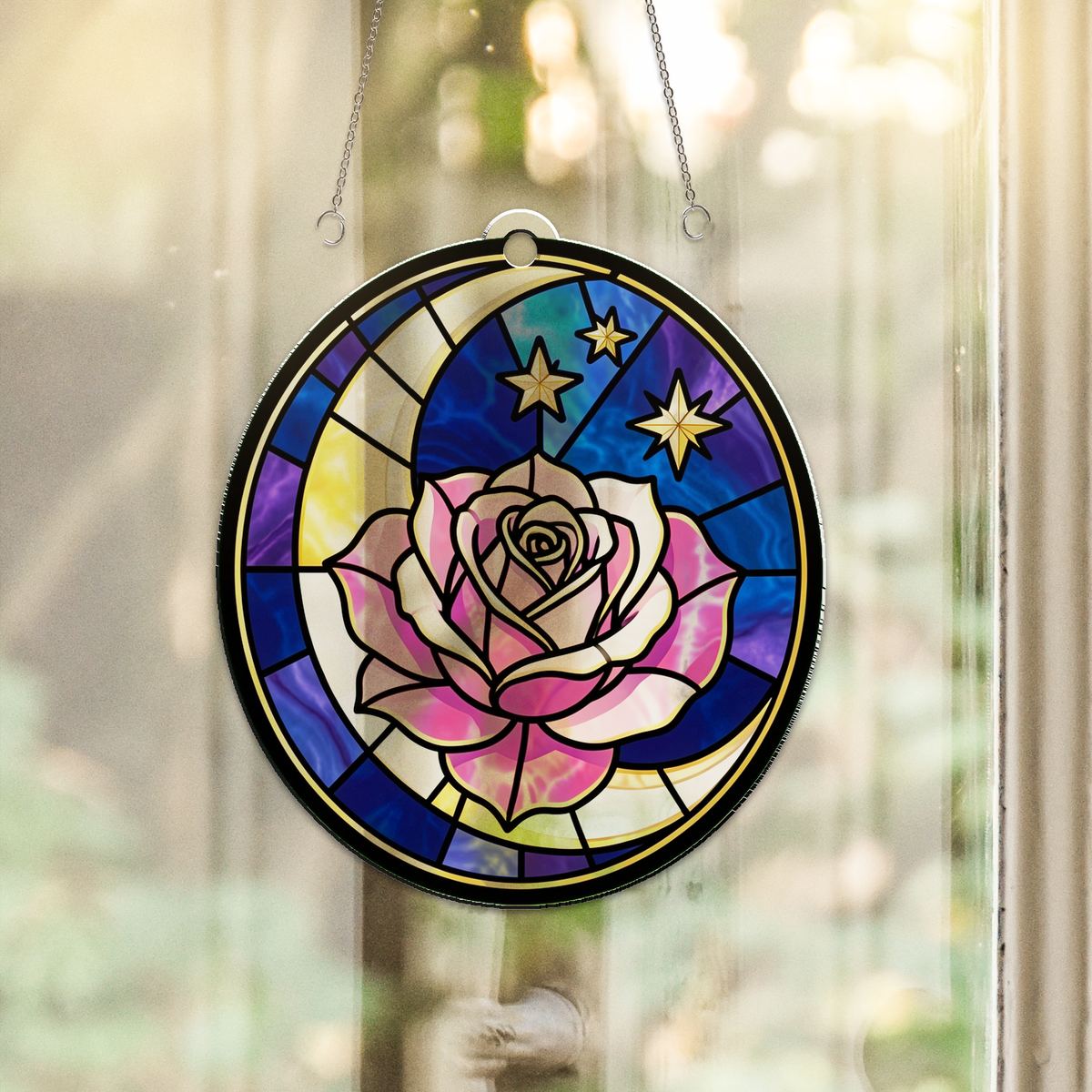 Celestial Rose Moon Circle Acrylic Suncatcher