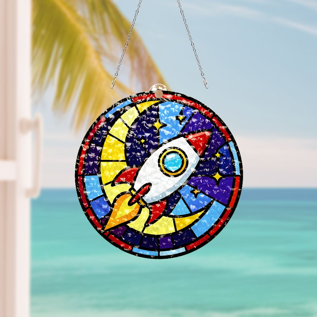 Rocket Ship Stars Circle Water Ripple Suncatcher