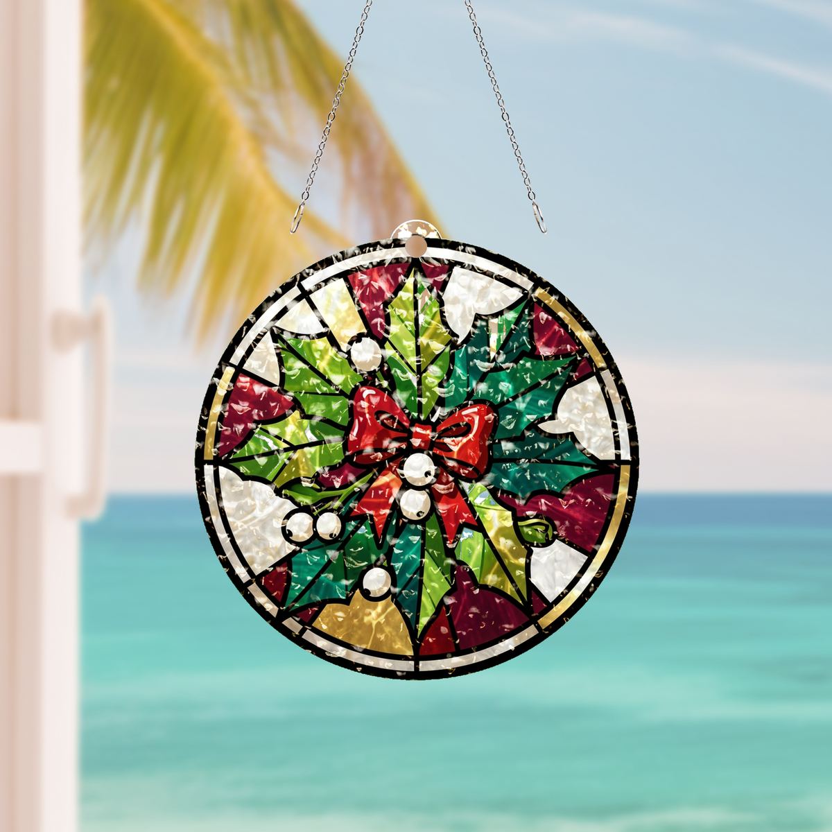 Mistletoe Bow Circle Water Ripple Suncatcher