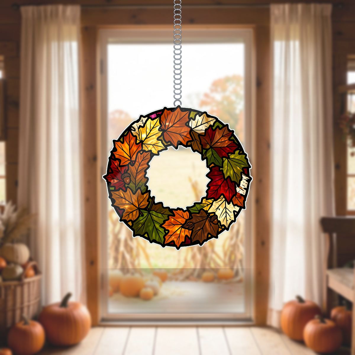 Fall Leaves Wreath Circle Wavy Acrylic Suncatcher Ornament
