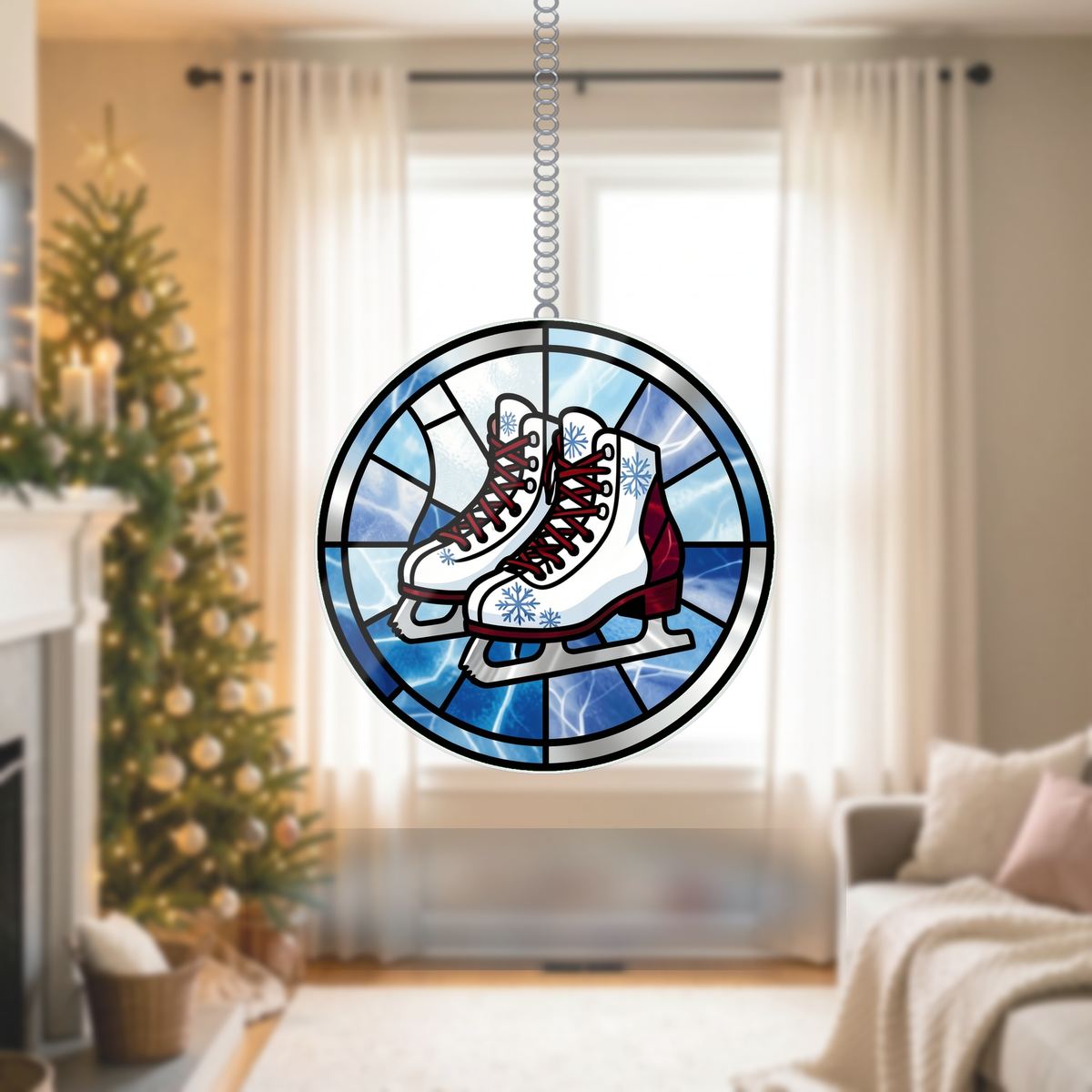 Ice Skates Snowflake Circle Wavy Acrylic Suncatcher Ornament