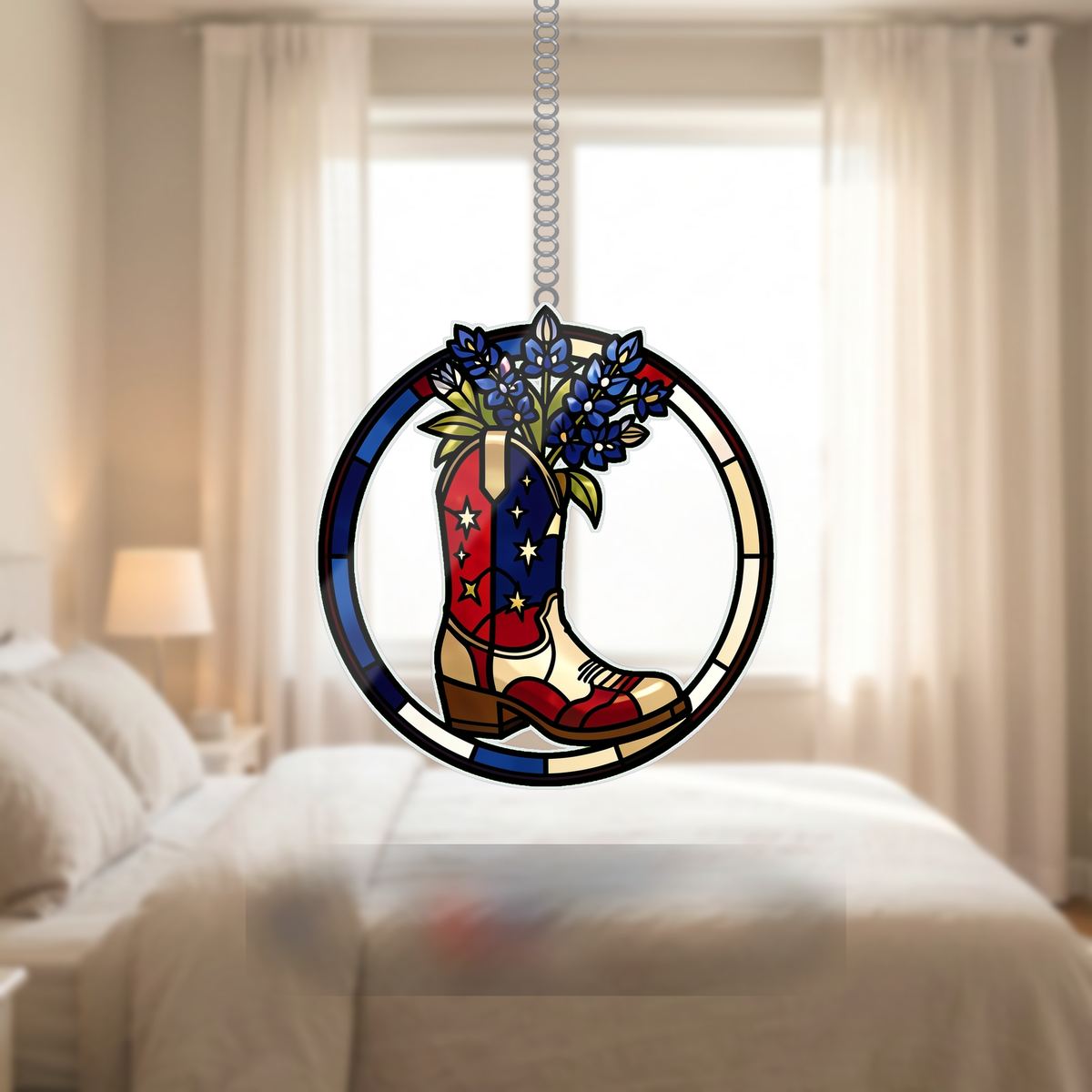Americana Cowboy Boot Circle Wavy Acrylic Suncatcher Ornament