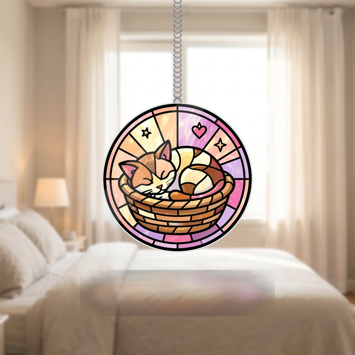 Sleeping Kitten Basket Circle Wavy Acrylic Suncatcher Ornament