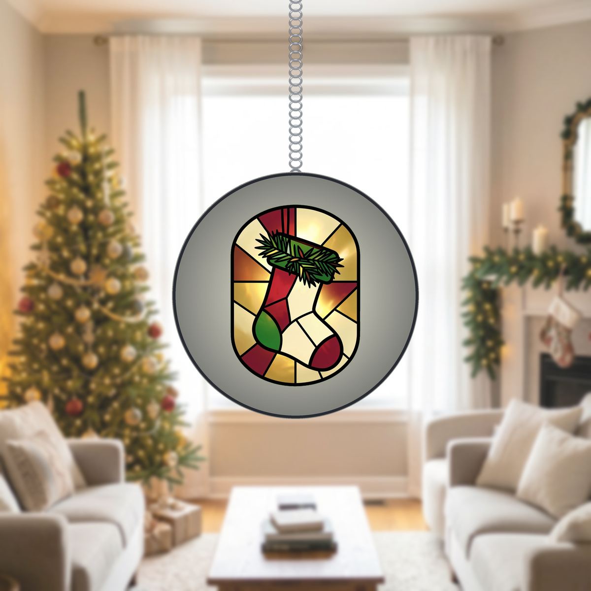 Christmas Stocking Pine Stained Glass Suncatcher