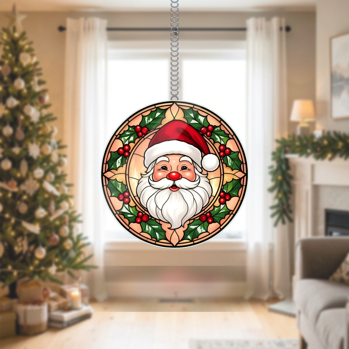Santa Face Holly Circle Wavy Acrylic Suncatcher Ornament