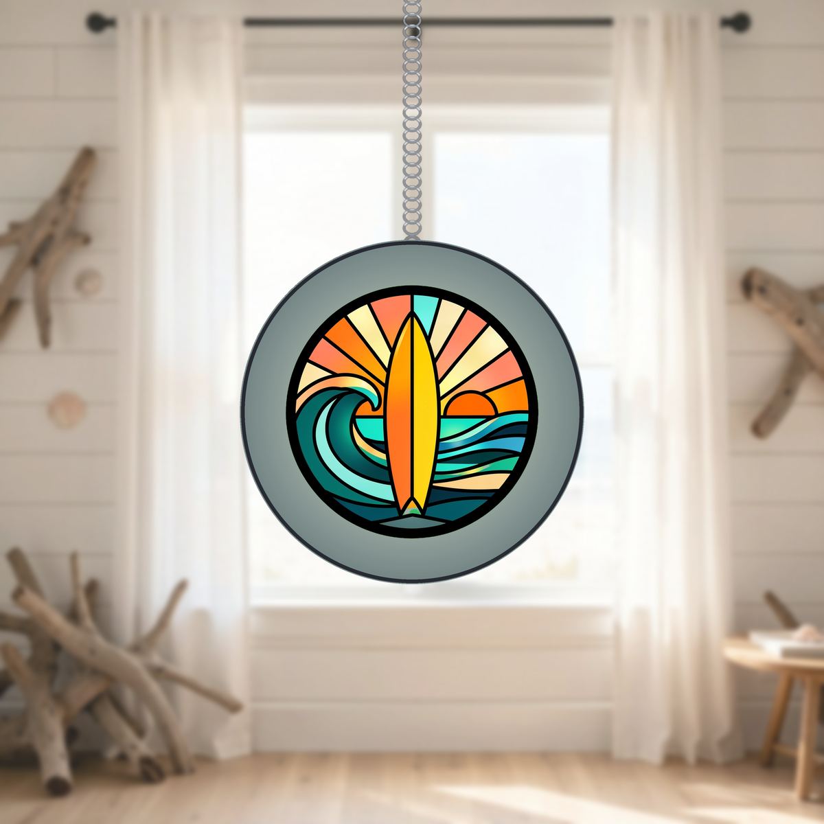Surfboard Wave Sunset Circle Stained Glass Suncatcher