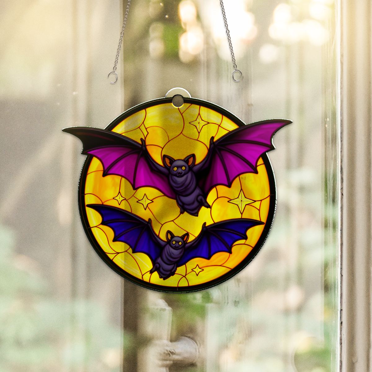 Bats Over Orange Moon Acrylic Suncatcher