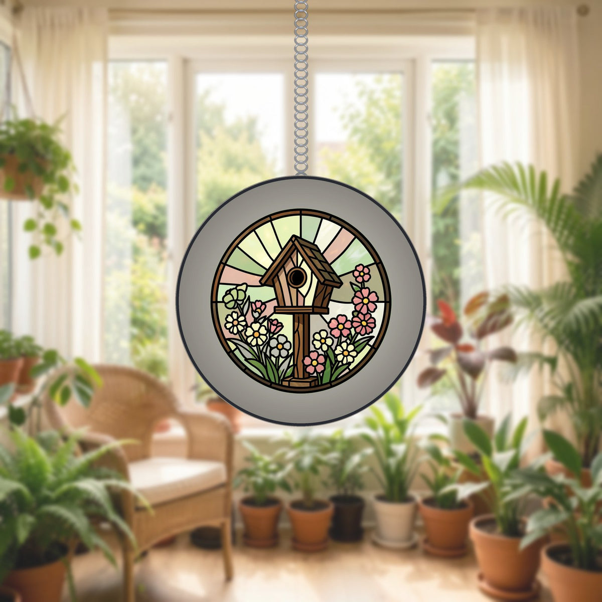Birdhouse Wildflower Circle Stained Glass Suncatcher