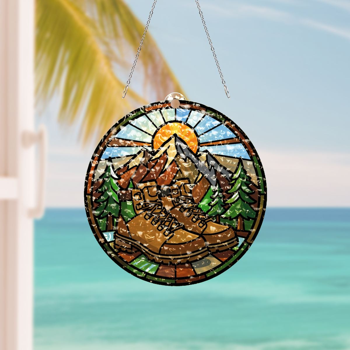 Hiking Boots Mountain Circle Water Ripple Suncatcher