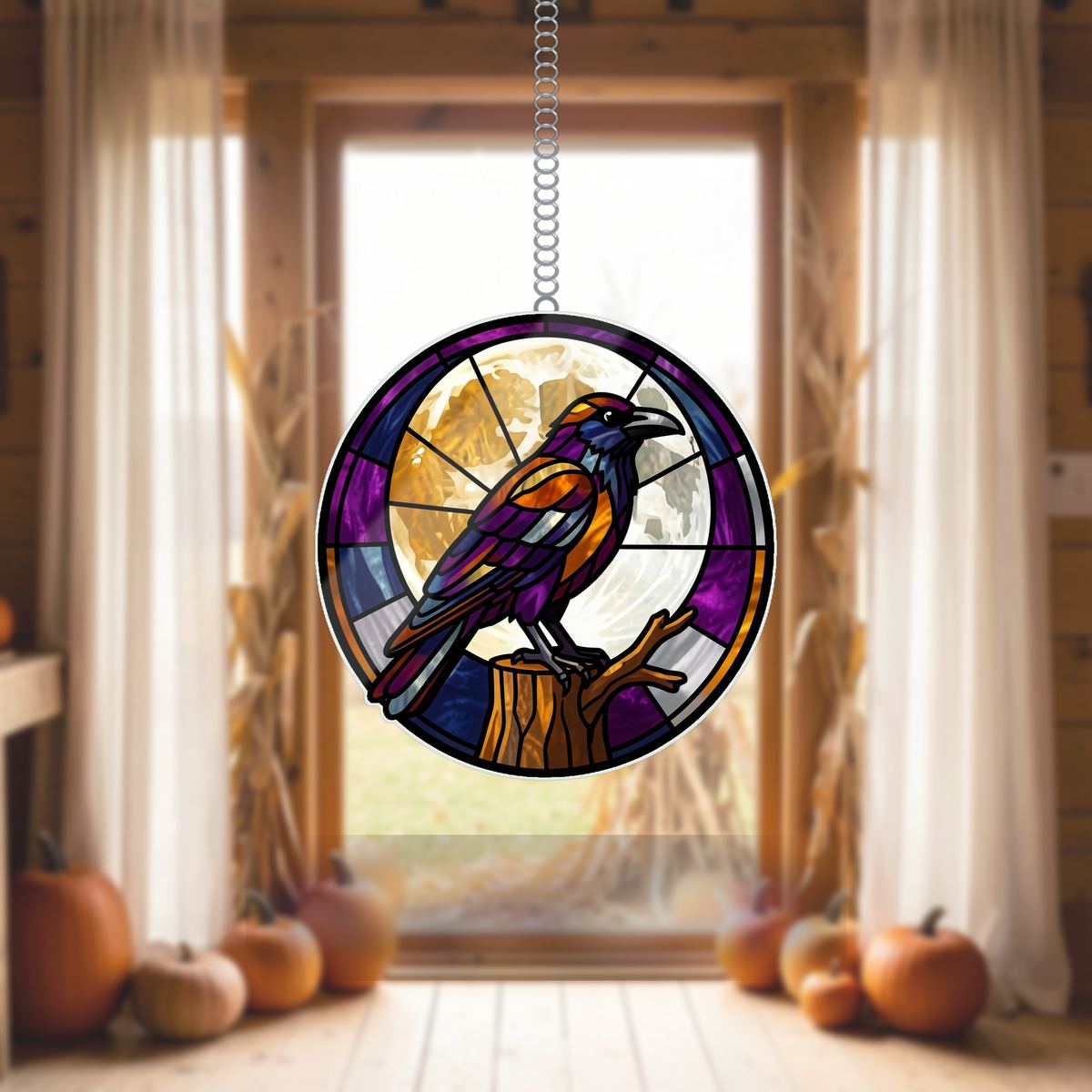 Gothic Raven Moon Circle Wavy Acrylic Suncatcher Ornament