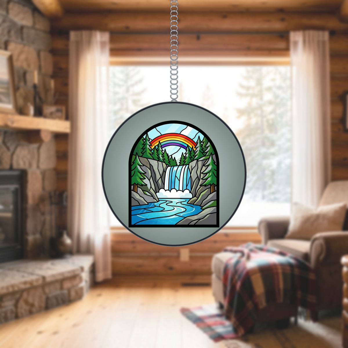 Mountain Waterfall Forest Stained Glass Suncatcher