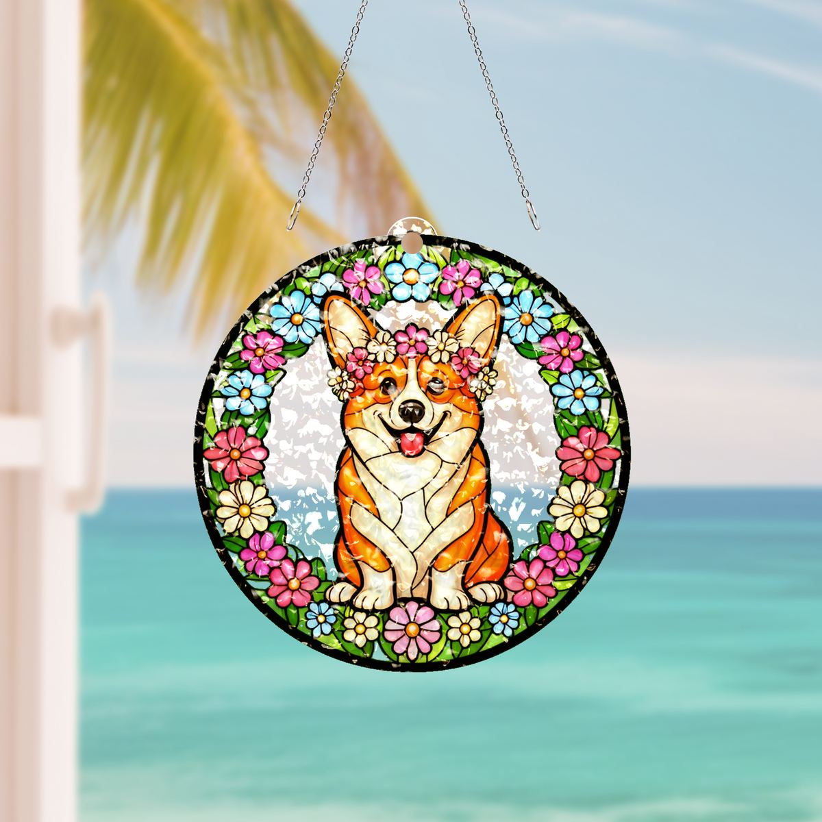 Corgi Wildflower Circle Water Ripple Suncatcher
