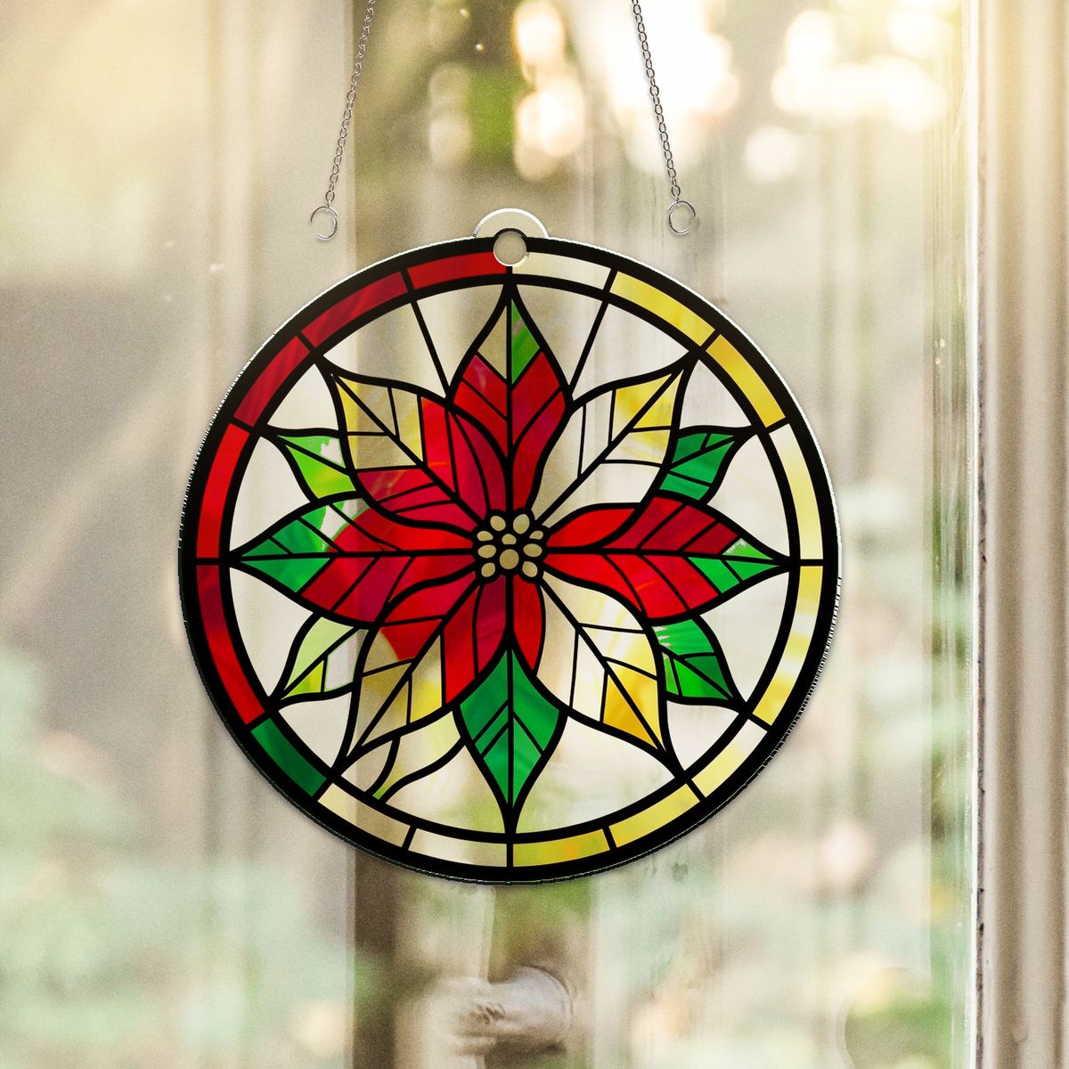 Poinsettia Wreath Circle Acrylic Suncatcher
