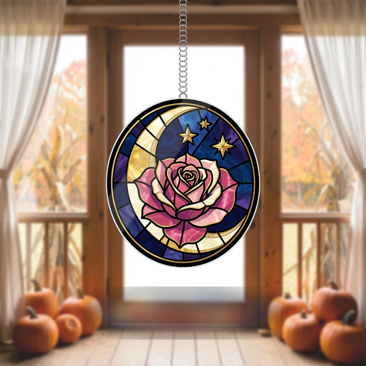 Celestial Rose Moon Circle Wavy Acrylic Suncatcher Ornament