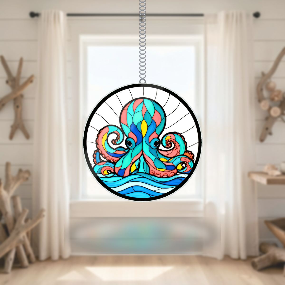 Curious Octopus Wave Circle Wavy Acrylic Suncatcher Ornament