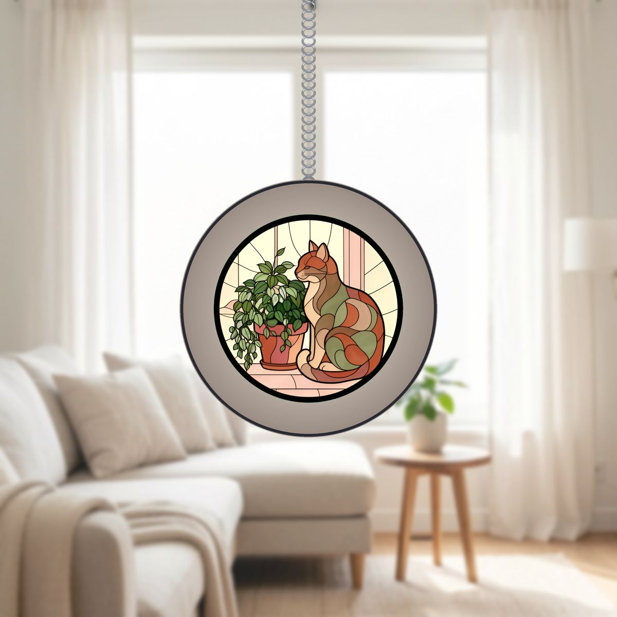 Cozy Cat Plant Window Stained Glass Suncatcher