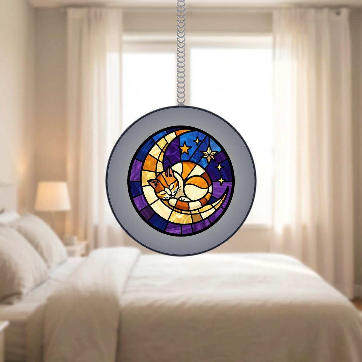 Sleeping Cat Crescent Window Stained Glass Suncatcher