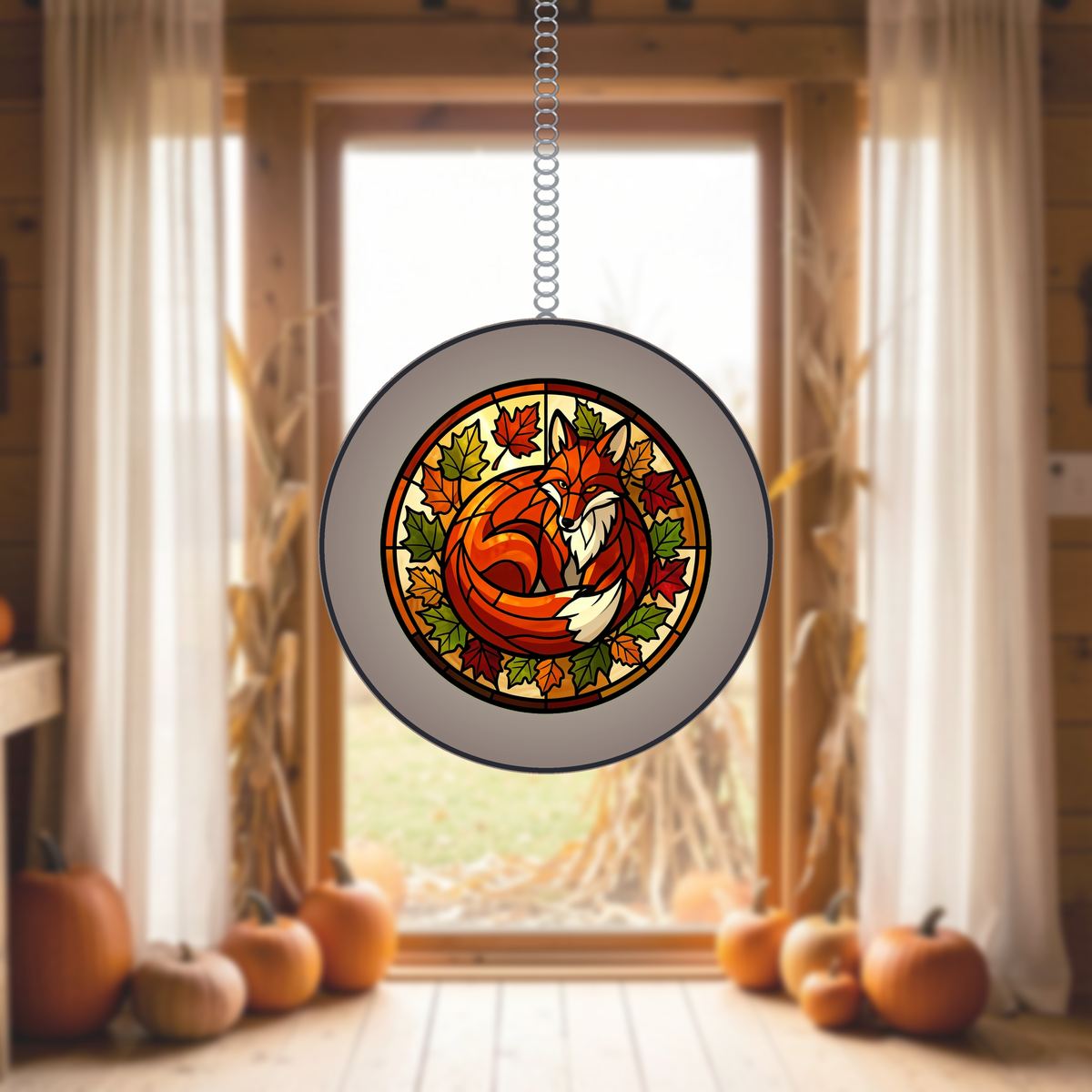 Autumn Fox Leaves Circle Stained Glass Suncatcher