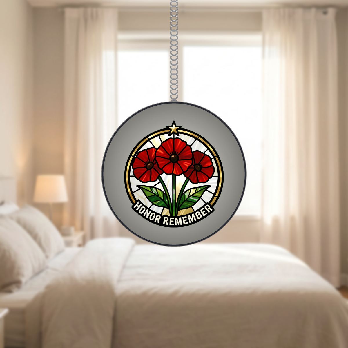 Red Poppy Veterans Circle Stained Glass Suncatcher