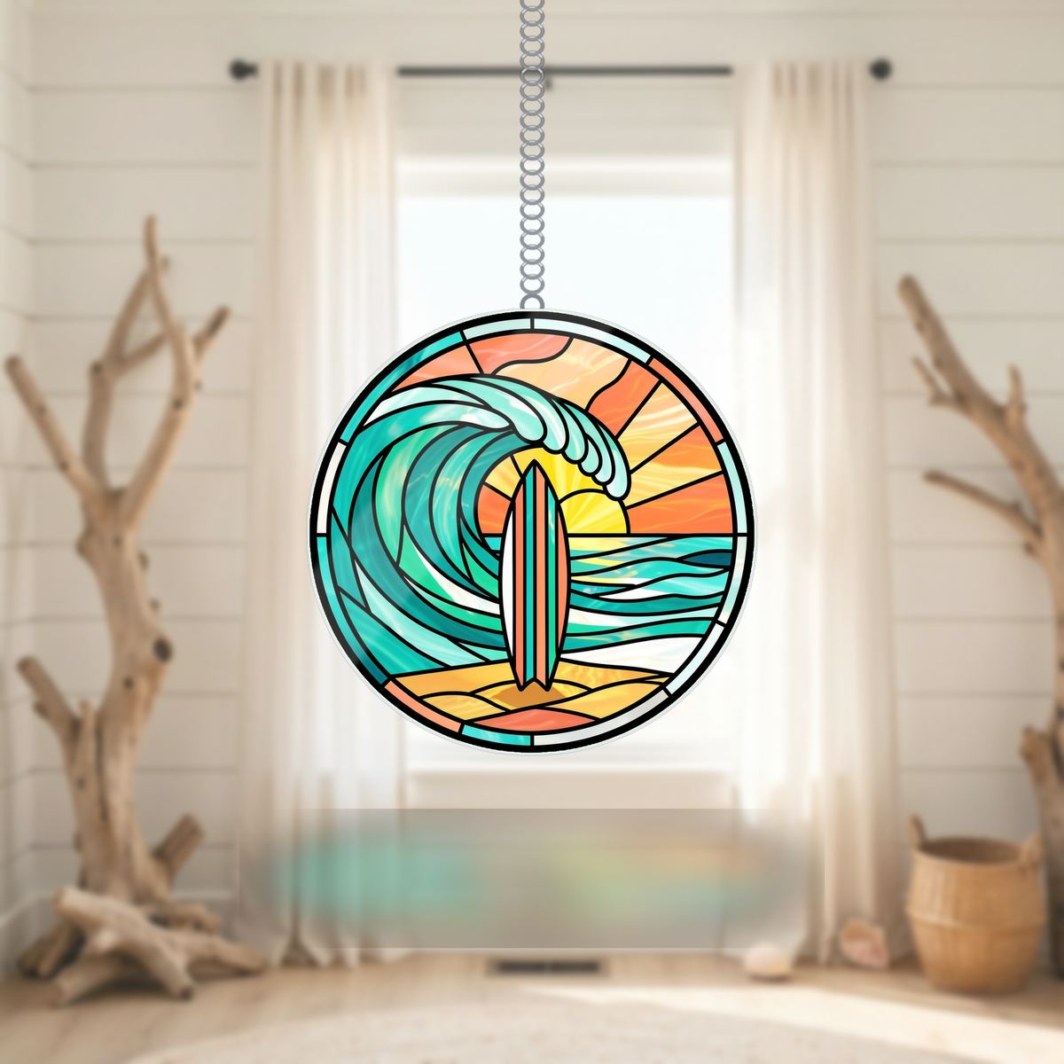 Surfboard Wave Circle Wavy Acrylic Suncatcher Ornament