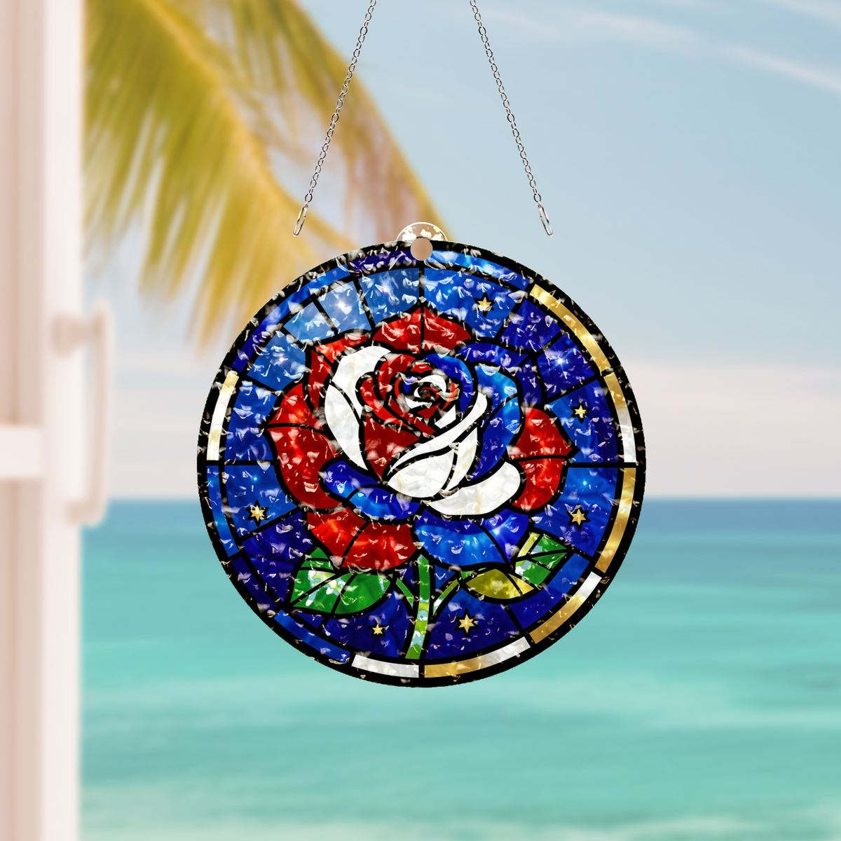 Old Glory Rose Circle Water Ripple Suncatcher