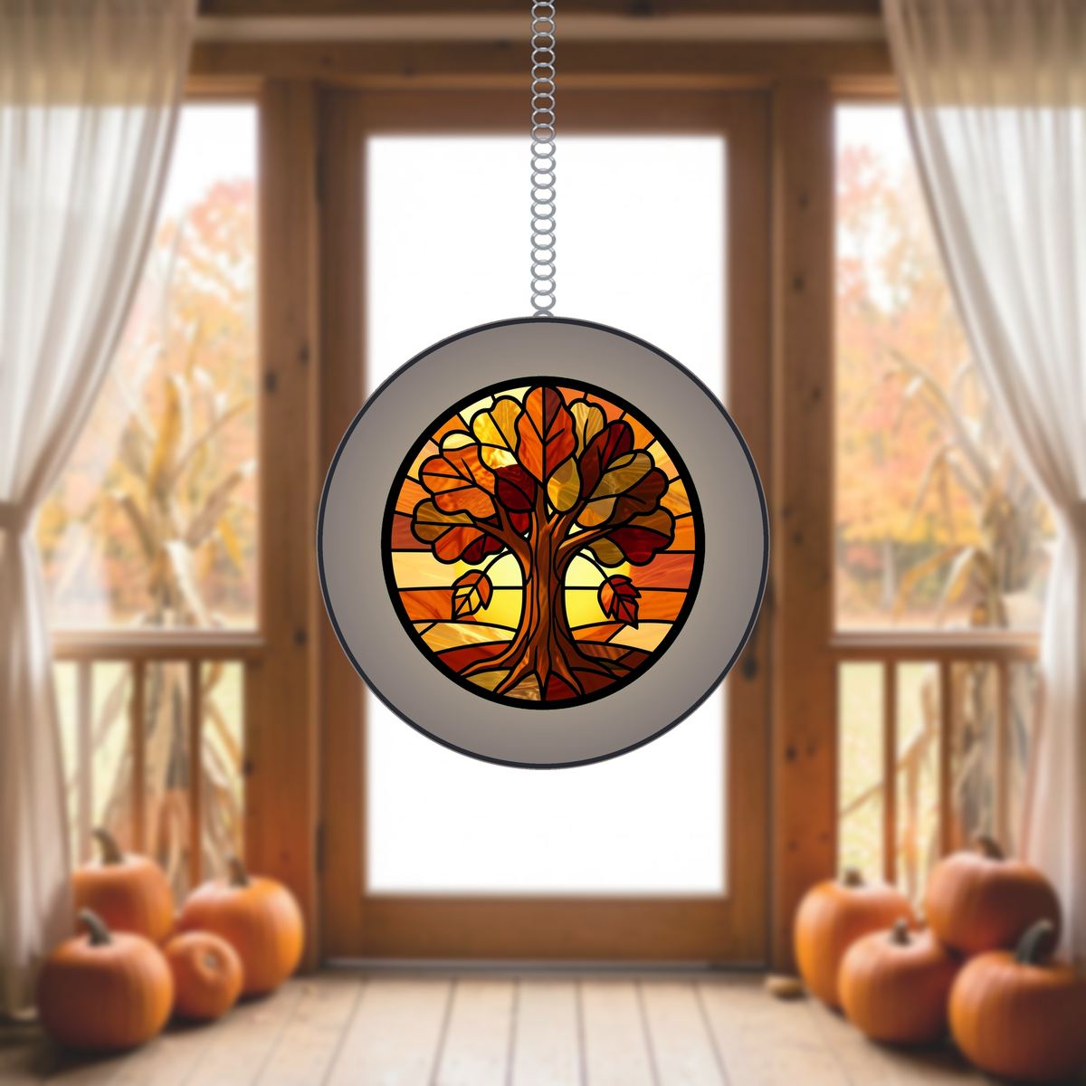 Golden Autumn Tree Circle Stained Glass Suncatcher