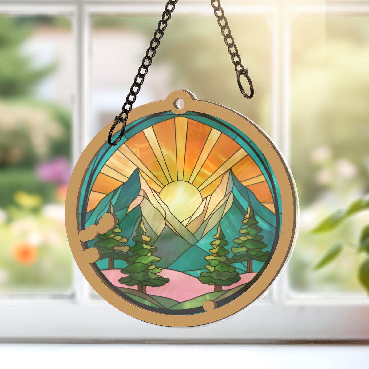 Mountain Pine Sunrise Circle Window Hanging Suncatcher