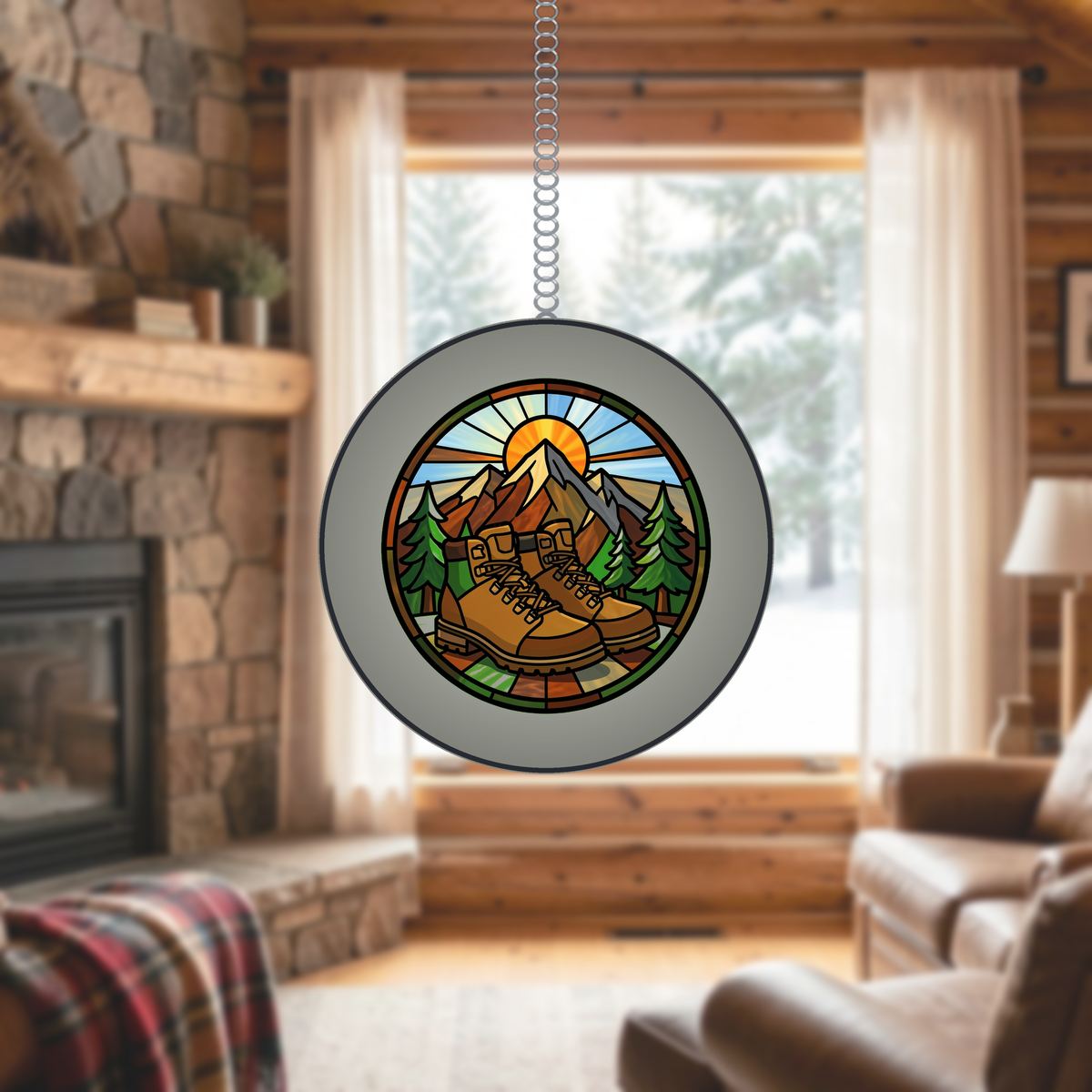 Hiking Boots Mountain Circle Stained Glass Suncatcher