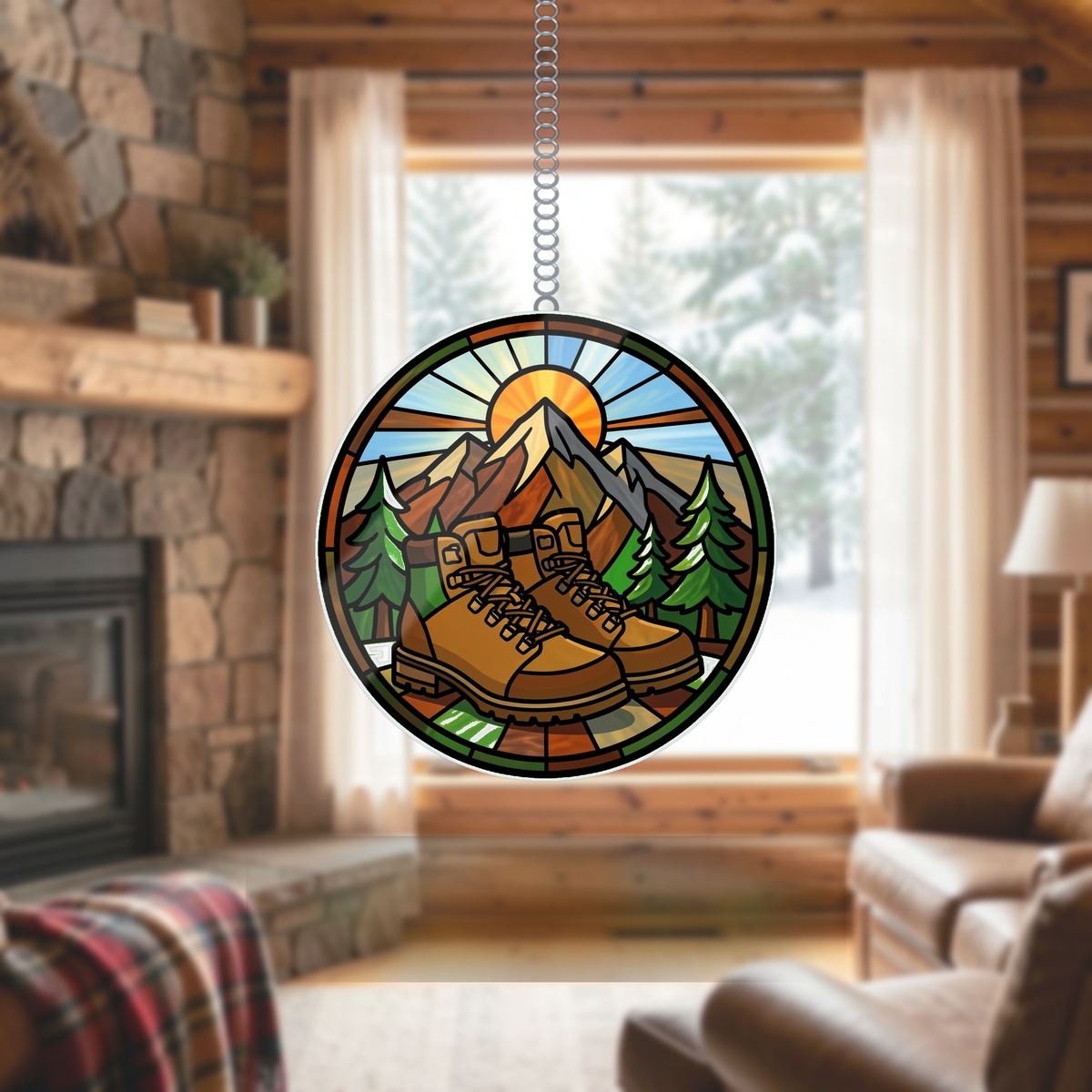 Hiking Boots Mountain Circle Wavy Acrylic Suncatcher Ornament