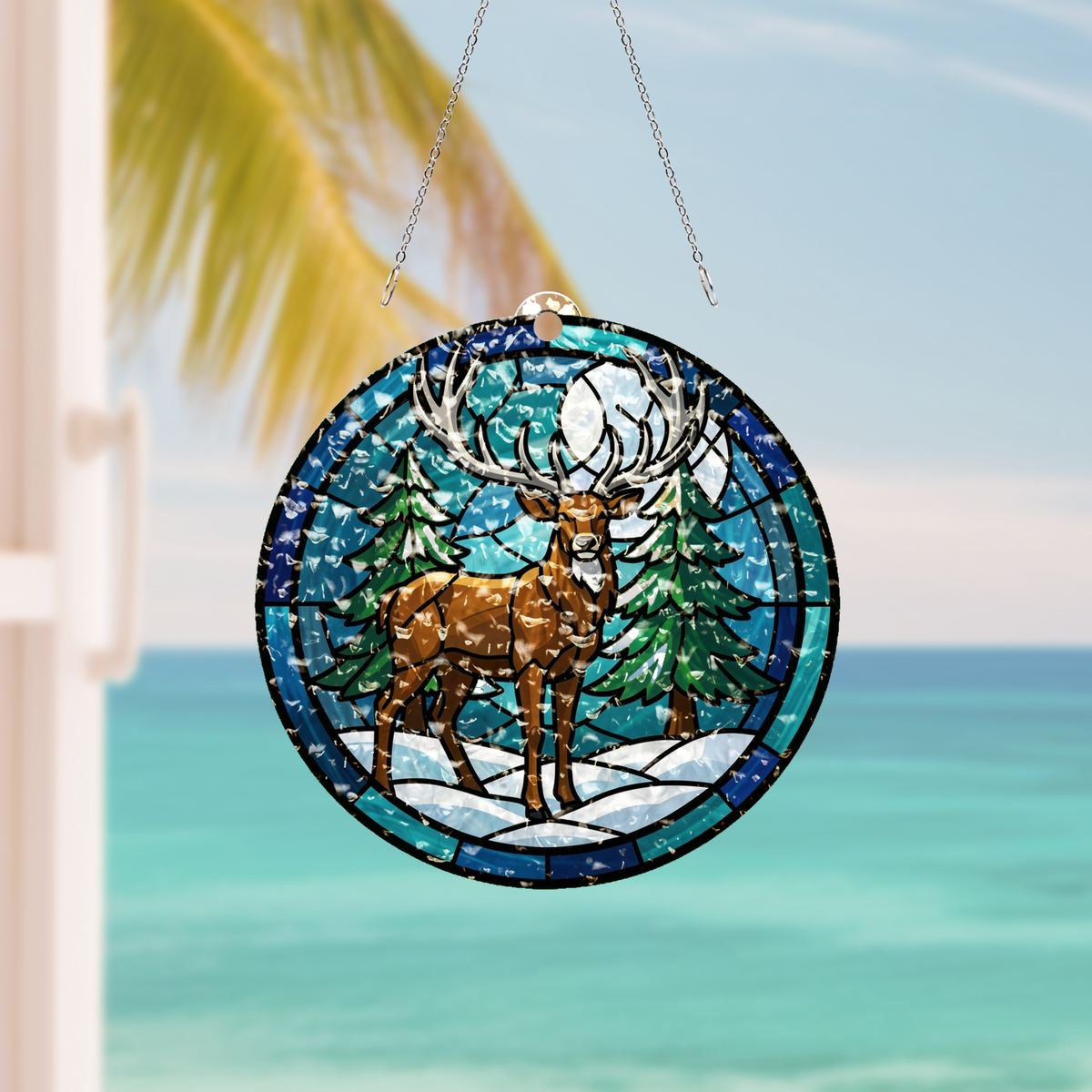 Winter Stag Evergreen Circle Water Ripple Suncatcher