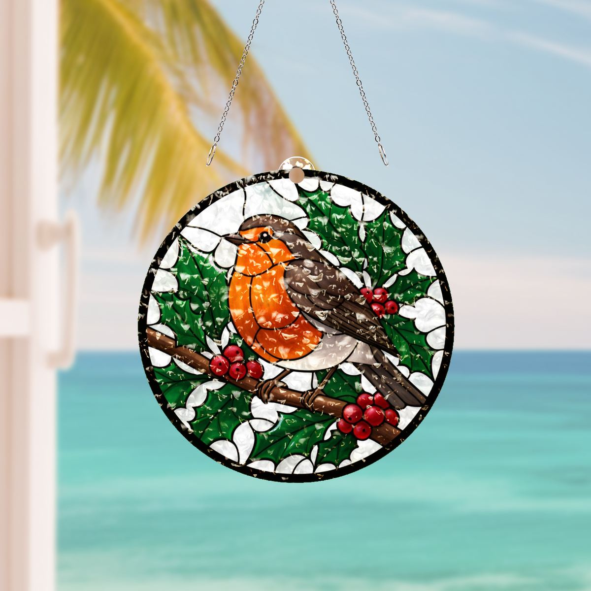 Winter Robin Berry Branch Water Ripple Suncatcher
