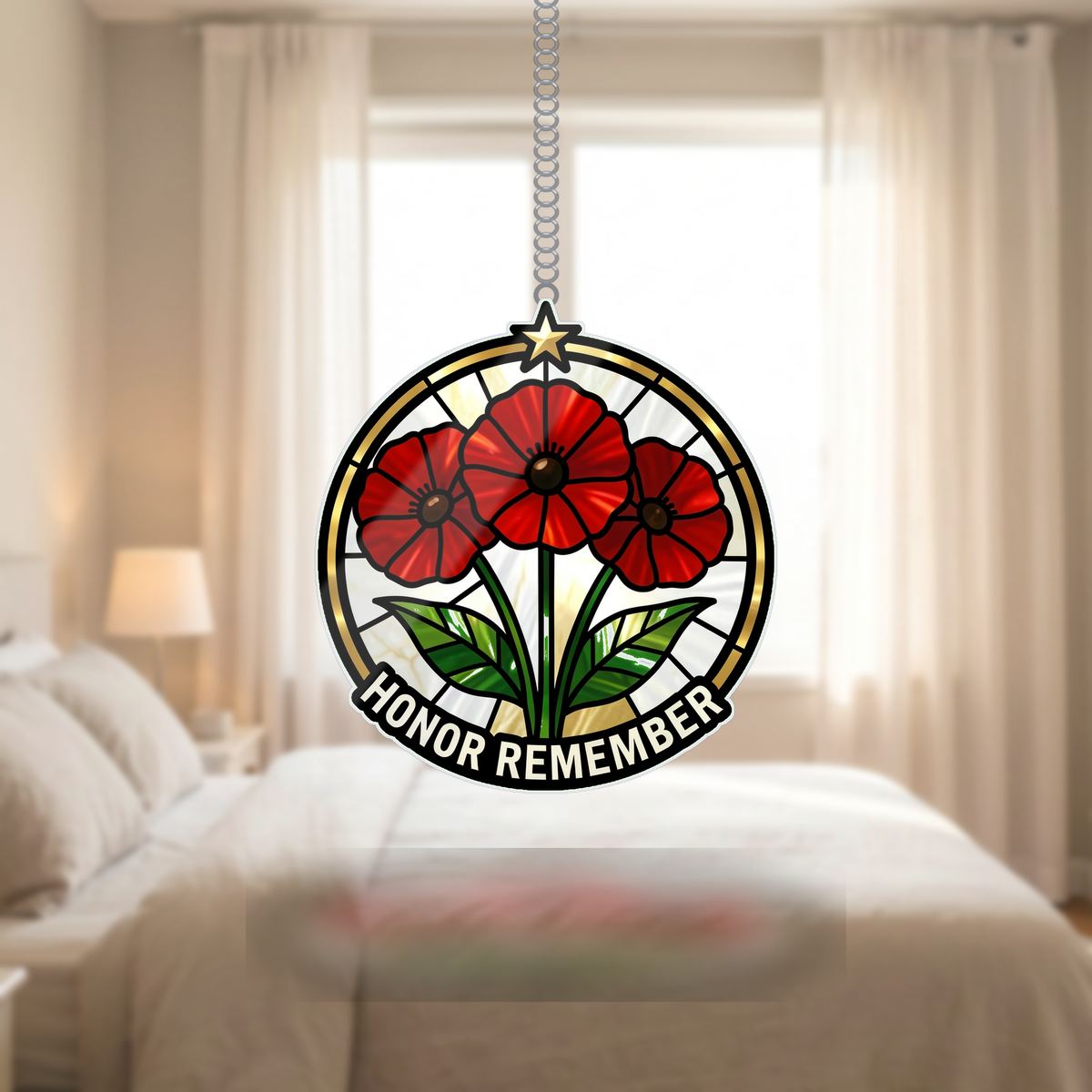 Red Poppy Veterans Circle Wavy Acrylic Suncatcher Ornament