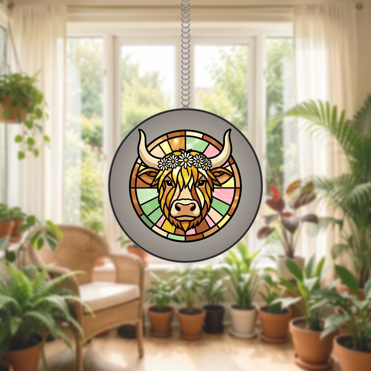 Highland Cow Wildflower Circle Stained Glass Suncatcher