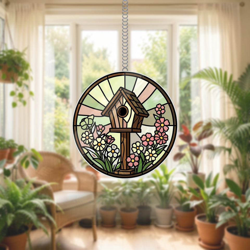 Birdhouse Wildflower Circle Wavy Acrylic Suncatcher Ornament