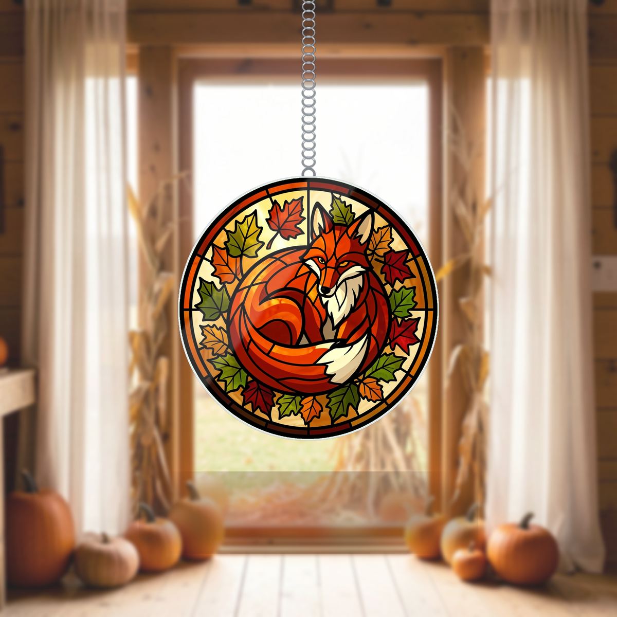 Autumn Fox Leaves Circle Wavy Acrylic Suncatcher Ornament